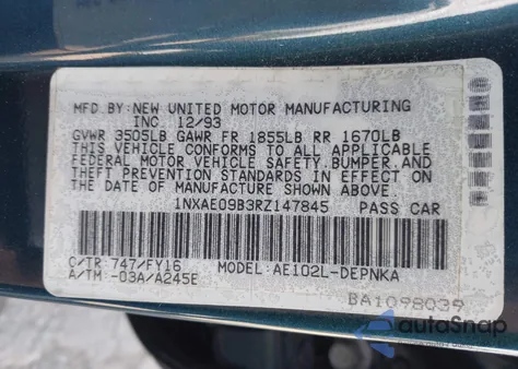 1994 Toyota Corolla Le/Dx z USA, uszkodzony, nr VIN 1NXAE09B3RZ147845